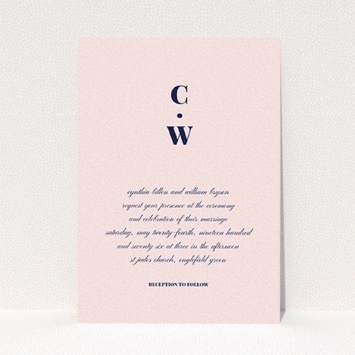 A wedding invite card design called "Bullet point". It is an A6 invite in a portrait orientation. "Bullet point" is available as a flat invite, with mainly pink colouring.