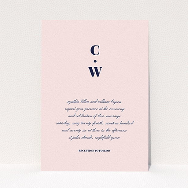 A wedding invite card design called "Bullet point". It is an A6 invite in a portrait orientation. "Bullet point" is available as a flat invite, with mainly pink colouring.