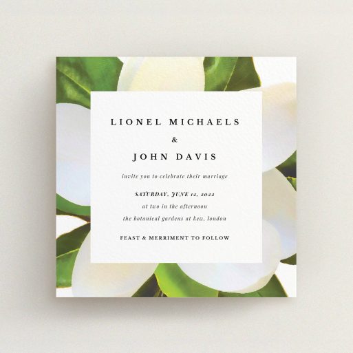 A wedding invite card design called "Centrepiece". It is a square (148mm x 148mm) invite in a square orientation. "Centrepiece" is available as a flat invite, with tones of green, cream and dark green.