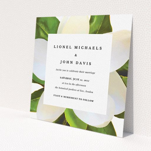 A wedding invite card design called 'Centrepiece'. It is a square (148mm x 148mm) invite in a square orientation. 'Centrepiece' is available as a flat invite, with tones of green, cream and dark green.