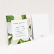 A wedding invite card design called "Centrepiece". It is a square (148mm x 148mm) invite in a square orientation. "Centrepiece" is available as a flat invite, with tones of green, cream and dark green.