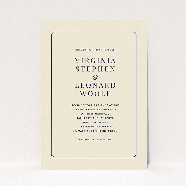 A wedding invite card design named "Classic face". It is an A5 invite in a portrait orientation. "Classic face" is available as a flat invite, with tones of cream and navy blue.