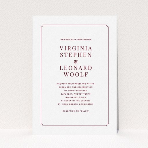 A wedding invite card named "Classic face". It is an A5 invite in a portrait orientation. "Classic face" is available as a flat invite, with tones of white and burgundy.