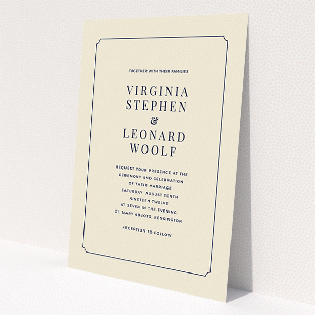 A wedding invite card design named 'Classic face'. It is an A5 invite in a portrait orientation. 'Classic face' is available as a flat invite, with tones of cream and navy blue.