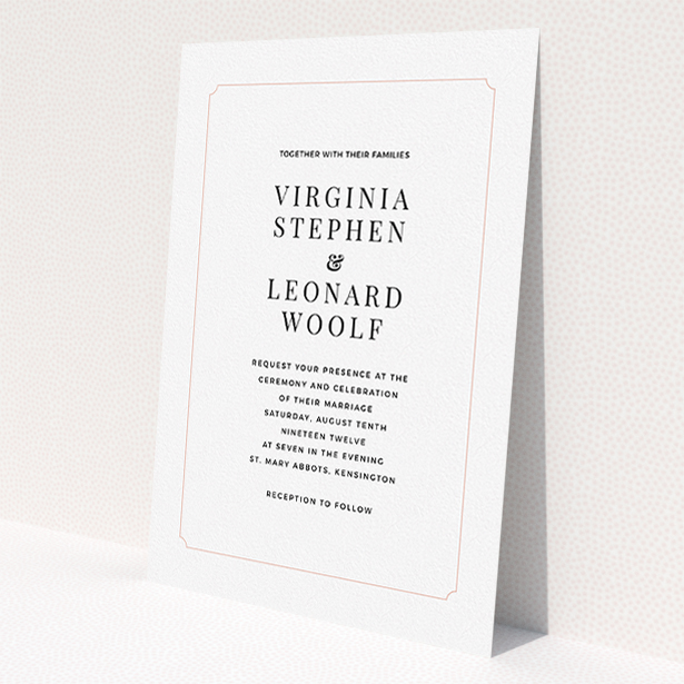 A wedding invite card design called "Classic face". It is an A5 invite in a portrait orientation. "Classic face" is available as a flat invite, with tones of white and pink.