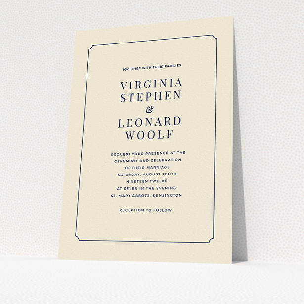 A wedding invite card design named "Classic face". It is an A5 invite in a portrait orientation. "Classic face" is available as a flat invite, with tones of cream and navy blue.