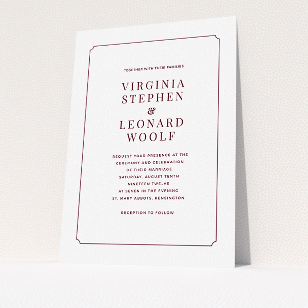 A wedding invite card named "Classic face". It is an A5 invite in a portrait orientation. "Classic face" is available as a flat invite, with tones of white and burgundy.