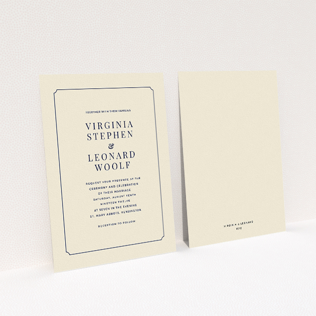 A wedding invite card design named "Classic face". It is an A5 invite in a portrait orientation. "Classic face" is available as a flat invite, with tones of cream and navy blue.