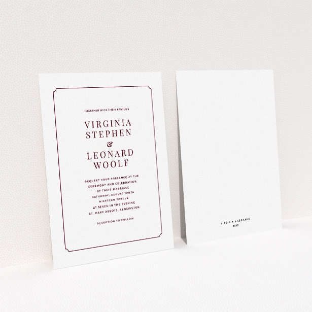 A wedding invite card named "Classic face". It is an A5 invite in a portrait orientation. "Classic face" is available as a flat invite, with tones of white and burgundy.