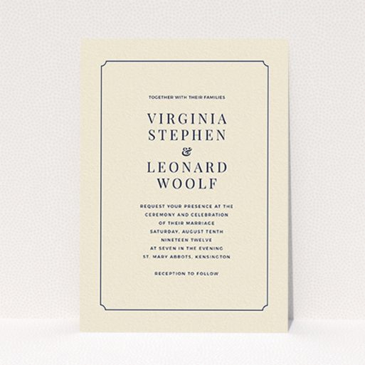 A wedding invite card template titled "Classic face". It is an A6 invite in a portrait orientation. "Classic face" is available as a flat invite, with tones of cream and navy blue.