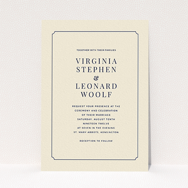 A wedding invite card template titled "Classic face". It is an A6 invite in a portrait orientation. "Classic face" is available as a flat invite, with tones of cream and navy blue.