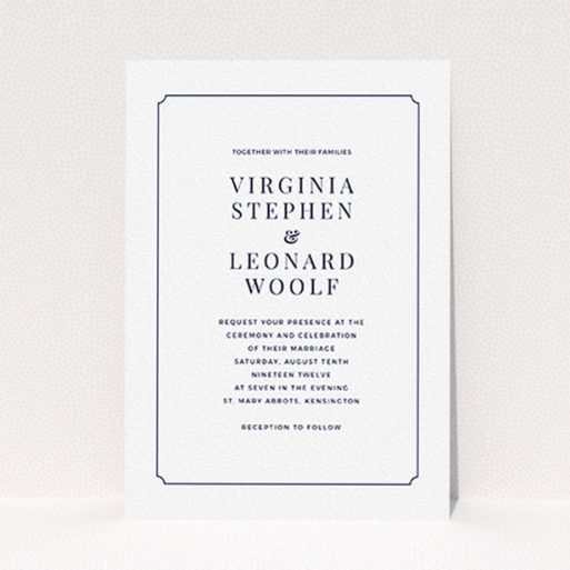 A wedding invite card named "Classic face". It is an A6 invite in a portrait orientation. "Classic face" is available as a flat invite, with mainly white colouring.
