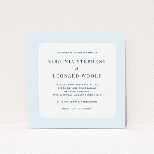 A wedding invite card design titled "Classic face". It is a square (148mm x 148mm) invite in a square orientation. "Classic face" is available as a flat invite, with tones of blue and white.