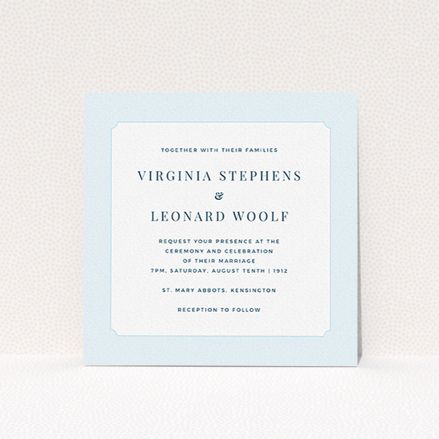 A wedding invite card design titled "Classic face". It is a square (148mm x 148mm) invite in a square orientation. "Classic face" is available as a flat invite, with tones of blue and white.