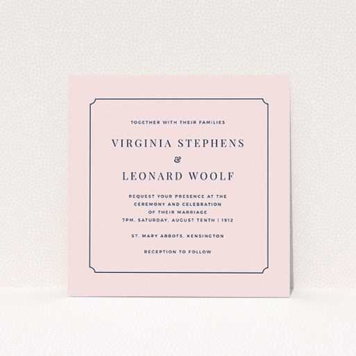 A wedding invite card design titled "Classic face". It is a square (148mm x 148mm) invite in a square orientation. "Classic face" is available as a flat invite, with mainly pink colouring.