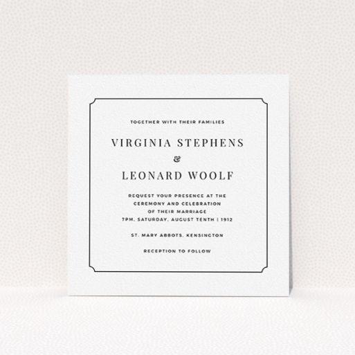A wedding invite card design named "Classic face". It is a square (148mm x 148mm) invite in a square orientation. "Classic face" is available as a flat invite, with mainly white colouring.