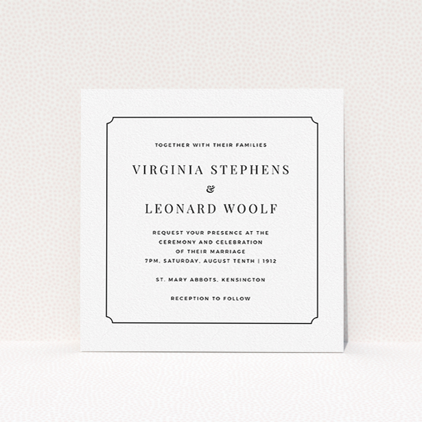 A wedding invite card design named "Classic face". It is a square (148mm x 148mm) invite in a square orientation. "Classic face" is available as a flat invite, with mainly white colouring.