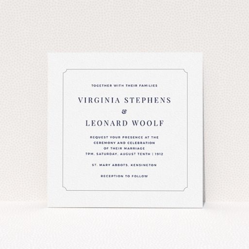A wedding invite card called "Classic face". It is a square (148mm x 148mm) invite in a square orientation. "Classic face" is available as a flat invite, with tones of white and grey.