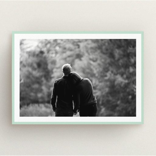 A wedding invite card design called "Classic Mint Photo Frame". It is an A5 invite in a landscape orientation. It is a photographic wedding invite card with room for 1 photo. "Classic Mint Photo Frame" is available as a flat invite, with tones of green and white.