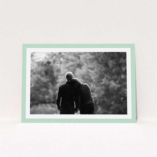 A wedding invite card design called "Classic Mint Photo Frame". It is an A5 invite in a landscape orientation. It is a photographic wedding invite card with room for 1 photo. "Classic Mint Photo Frame" is available as a flat invite, with tones of green and white.