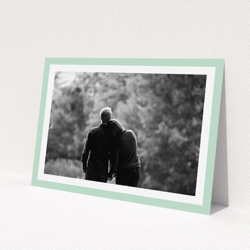 A wedding invite card design called 'Classic Mint Photo Frame'. It is an A5 invite in a landscape orientation. It is a photographic wedding invite card with room for 1 photo. 'Classic Mint Photo Frame' is available as a flat invite, with tones of green and white.