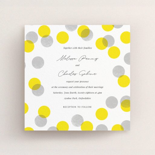 A wedding invite card design titled "Cork Stamps". It is a square (148mm x 148mm) invite in a square orientation. "Cork Stamps" is available as a flat invite, with tones of white and yellow.