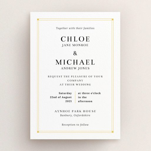 A wedding invite card named "Corner Points". It is an A5 invite in a portrait orientation. "Corner Points" is available as a flat invite, with tones of white and yellow.