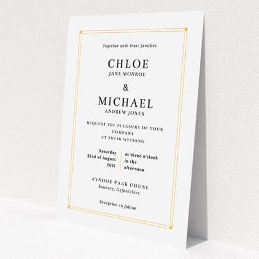 A wedding invite card named 'Corner Points'. It is an A5 invite in a portrait orientation. 'Corner Points' is available as a flat invite, with tones of white and yellow.