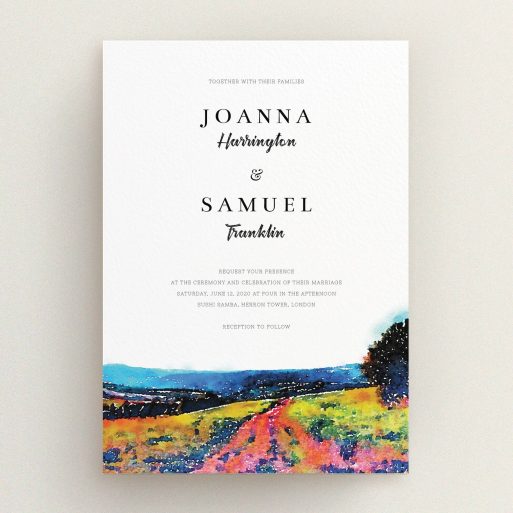 A wedding invite card design called "Country Road". It is an A5 invite in a portrait orientation. "Country Road" is available as a flat invite, with tones of white, blue and deep orange.