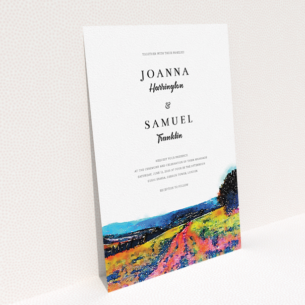 A wedding invite card design called "Country Road". It is an A5 invite in a portrait orientation. "Country Road" is available as a flat invite, with tones of white, blue and deep orange.
