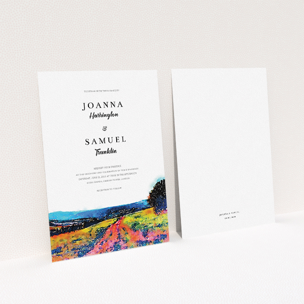 A wedding invite card design called "Country Road". It is an A5 invite in a portrait orientation. "Country Road" is available as a flat invite, with tones of white, blue and deep orange.