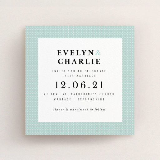 A wedding invite card design titled "Cross and Cross". It is a square (148mm x 148mm) invite in a square orientation. "Cross and Cross" is available as a flat invite, with tones of green and white.