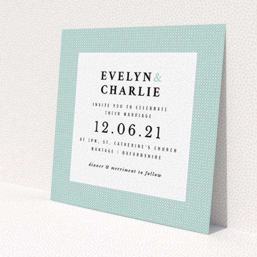 A wedding invite card design titled 'Cross and Cross'. It is a square (148mm x 148mm) invite in a square orientation. 'Cross and Cross' is available as a flat invite, with tones of green and white.
