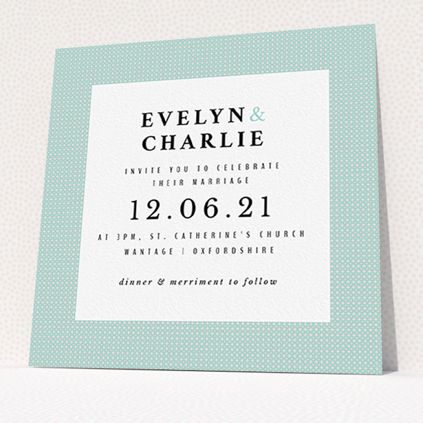 A wedding invite card design titled "Cross and Cross". It is a square (148mm x 148mm) invite in a square orientation. "Cross and Cross" is available as a flat invite, with tones of green and white.