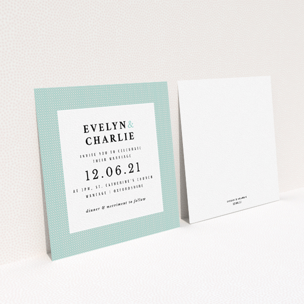 A wedding invite card design titled "Cross and Cross". It is a square (148mm x 148mm) invite in a square orientation. "Cross and Cross" is available as a flat invite, with tones of green and white.