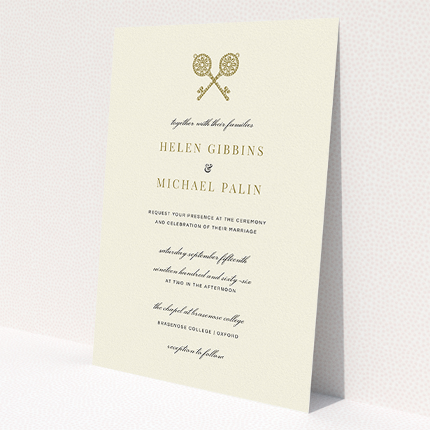 A wedding invite card named 'Cross Keys'. It is an A5 invite in a portrait orientation. 'Cross Keys' is available as a flat invite, with tones of cream and gold.