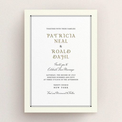 A wedding invite card template titled "Deco Cream". It is an A5 invite in a portrait orientation. "Deco Cream" is available as a flat invite, with mainly cream colouring.