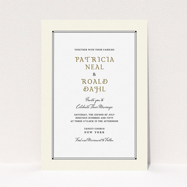 A wedding invite card template titled "Deco Cream". It is an A5 invite in a portrait orientation. "Deco Cream" is available as a flat invite, with mainly cream colouring.