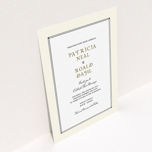 A wedding invite card template titled "Deco Cream". It is an A5 invite in a portrait orientation. "Deco Cream" is available as a flat invite, with mainly cream colouring.