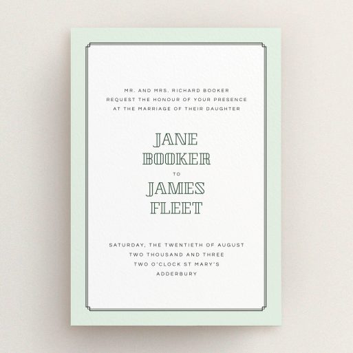 A wedding invite card design named "Deco mint". It is an A5 invite in a portrait orientation. "Deco mint" is available as a flat invite, with tones of green and white.