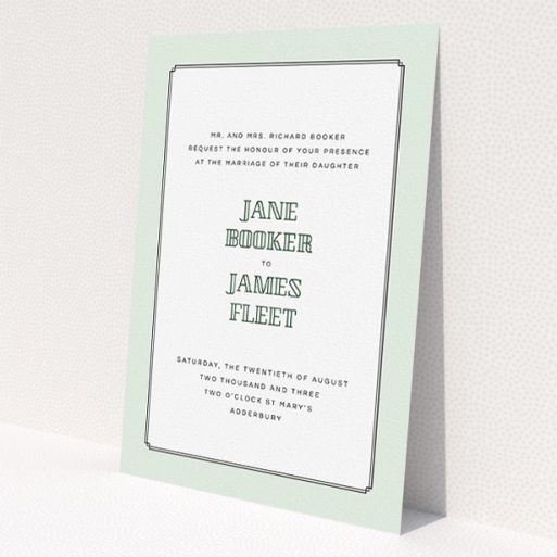 A wedding invite card design named 'Deco mint'. It is an A5 invite in a portrait orientation. 'Deco mint' is available as a flat invite, with tones of green and white.