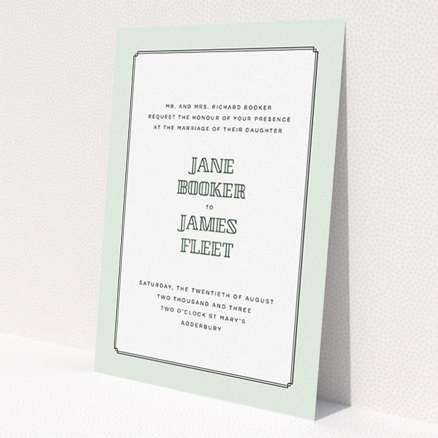 A wedding invite card design named "Deco mint". It is an A5 invite in a portrait orientation. "Deco mint" is available as a flat invite, with tones of green and white.