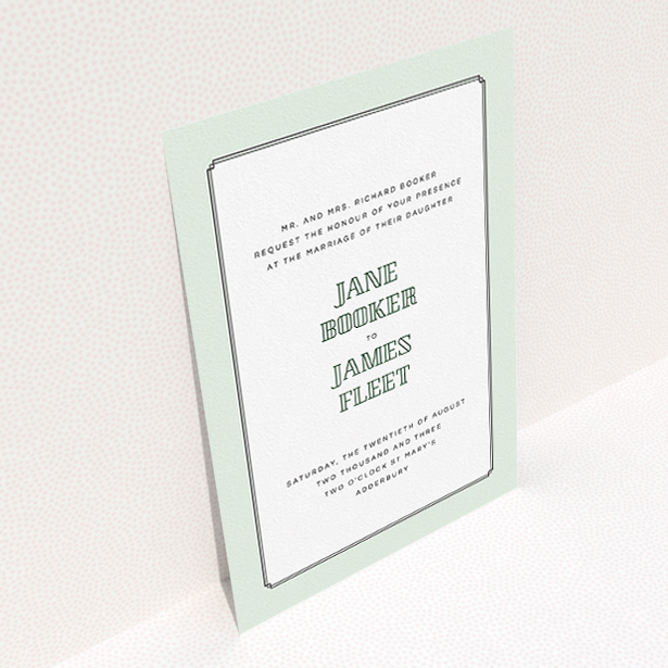 A wedding invite card design named "Deco mint". It is an A5 invite in a portrait orientation. "Deco mint" is available as a flat invite, with tones of green and white.