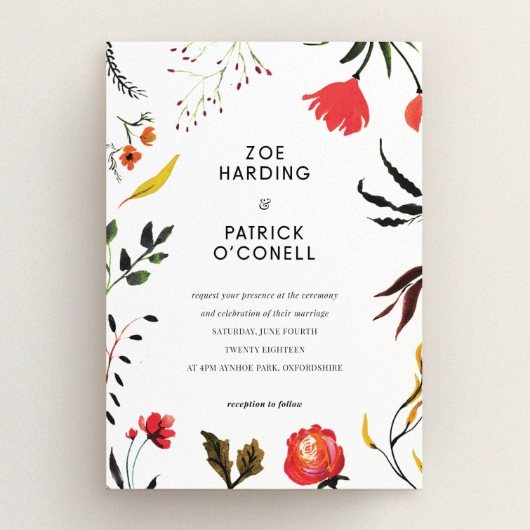 A wedding invite card template titled "Elemental Flowers". It is an A5 invite in a portrait orientation. "Elemental Flowers" is available as a flat invite, with tones of white, green and red.