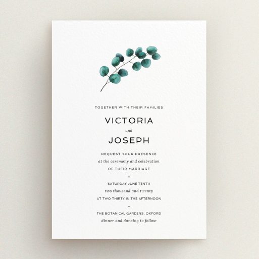 A wedding invite card template titled "Eucalyptus Central". It is an A5 invite in a portrait orientation. "Eucalyptus Central" is available as a flat invite, with tones of white and green.