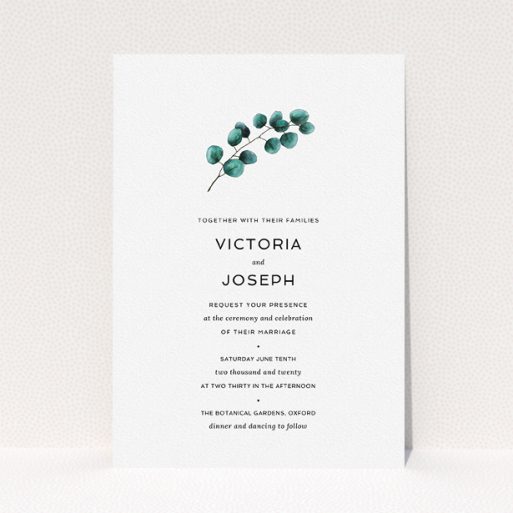 A wedding invite card template titled "Eucalyptus Central". It is an A5 invite in a portrait orientation. "Eucalyptus Central" is available as a flat invite, with tones of white and green.