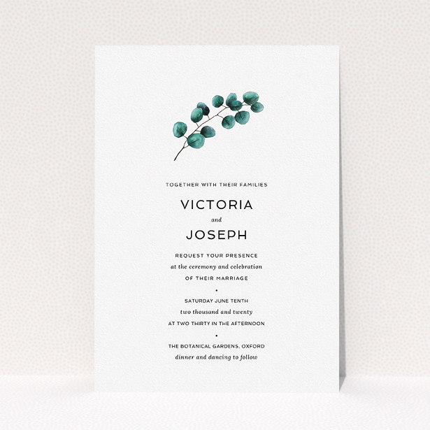 A wedding invite card template titled "Eucalyptus Central". It is an A5 invite in a portrait orientation. "Eucalyptus Central" is available as a flat invite, with tones of white and green.