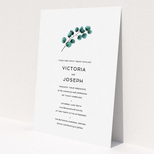 A wedding invite card template titled 'Eucalyptus Central'. It is an A5 invite in a portrait orientation. 'Eucalyptus Central' is available as a flat invite, with tones of white and green.
