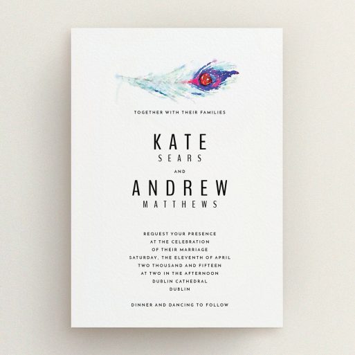 A wedding invite card template titled "Feather in the corner". It is an A5 invite in a portrait orientation. "Feather in the corner" is available as a flat invite, with mainly white colouring.
