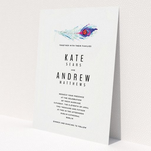 A wedding invite card template titled 'Feather in the corner'. It is an A5 invite in a portrait orientation. 'Feather in the corner' is available as a flat invite, with mainly white colouring.